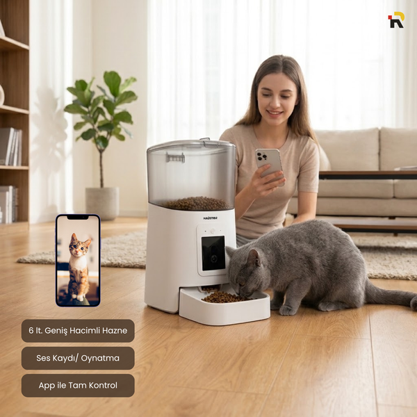 Haustier PP003 Pro 1080P Full HD Gece Görüş Wi-Fi Kameralı Otomatik Kedi Mama Kabı Beyaz