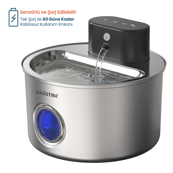 Haustier WF014 4 L Paslanmaz Çelik Bataryalı Ultra Sessiz Sensörlü Kablosuz Otomatik Kedi Su Pınarı