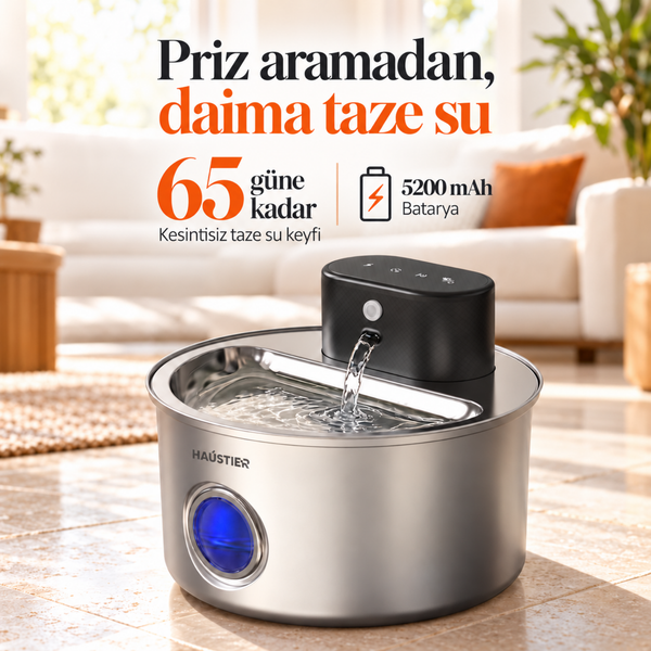 Haustier WF014 4 L Paslanmaz Çelik Bataryalı Ultra Sessiz Sensörlü Kablosuz Otomatik Kedi Su Pınarı
