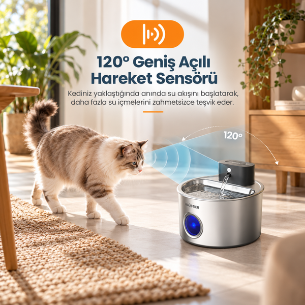 Haustier WF014 4 L Paslanmaz Çelik Bataryalı Ultra Sessiz Sensörlü Kablosuz Otomatik Kedi Su Pınarı