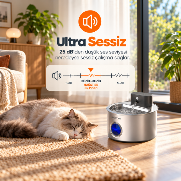 Haustier WF014 4 L Paslanmaz Çelik Bataryalı Ultra Sessiz Sensörlü Kablosuz Otomatik Kedi Su Pınarı