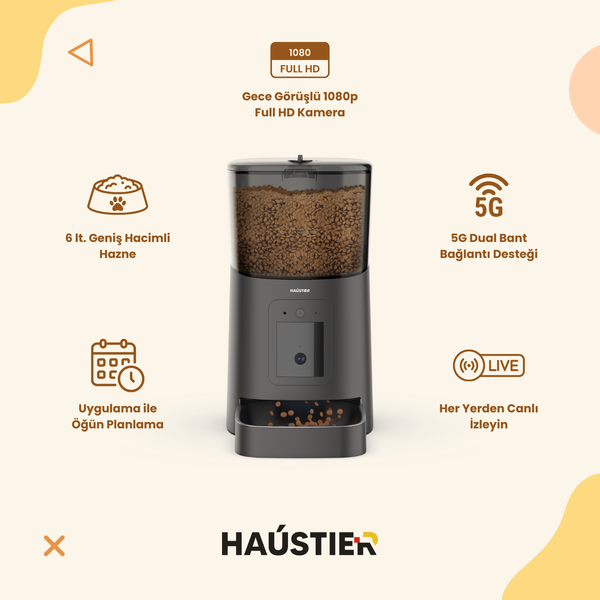 Haustier PP003 Pro 1080P Full HD Gece Görüş Tuya App-Wi-Fi Uzaktan Kontrol Kameralı Otomatik Kedi Mama Kabı Siyah