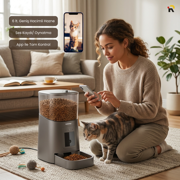 Haustier PP003 Pro 1080P Full HD Gece Görüş Tuya App-Wi-Fi Uzaktan Kontrol Kameralı Otomatik Kedi Mama Kabı Siyah