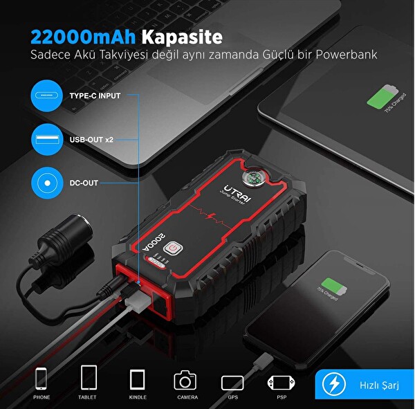 Utrai Jstar One 22000 mAh 2000A Jump Starter Taşınabilir Akü Takviye Cihazı (Çanta + Pusula + Powerbank + Led Lamba)