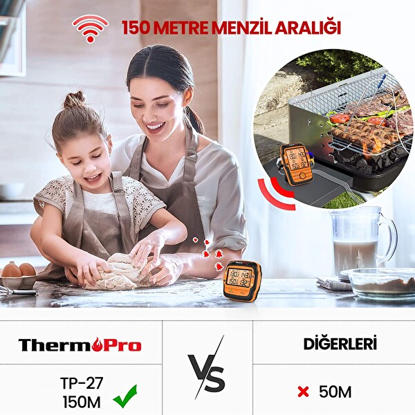 ThermoPro TP27C Alarmlı Işıklı Kablosuz 150 M Menzilli Ve 4 Problu Profesyonel Frın Termometresi