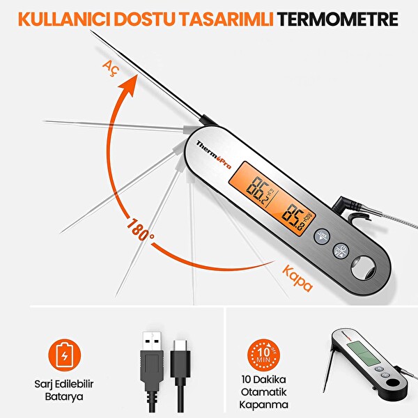 ThermoPro TP610 Su Geçirmez Dijital Ve Işıklı Çift Problu Katlanabilir Profesyonel Gıda Termometre