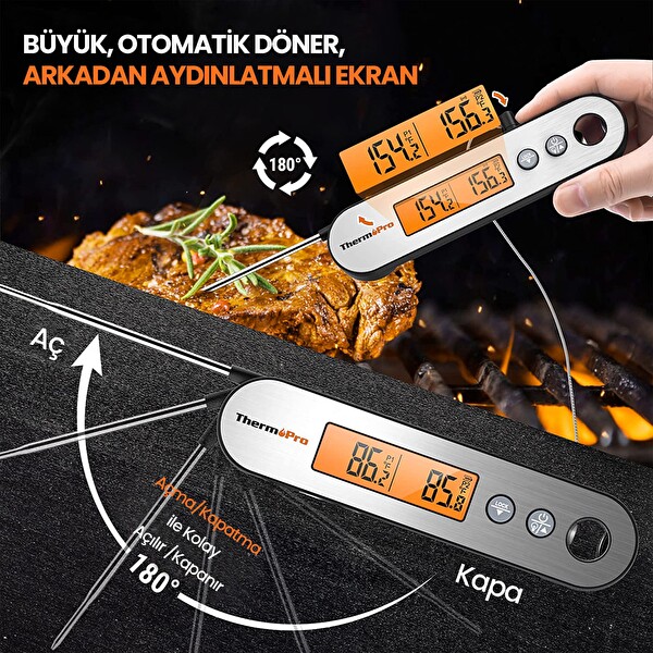 ThermoPro TP610 Su Geçirmez Dijital Ve Işıklı Çift Problu Katlanabilir Profesyonel Gıda Termometre