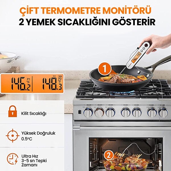 ThermoPro TP610 Su Geçirmez Dijital Ve Işıklı Çift Problu Katlanabilir Profesyonel Gıda Termometre