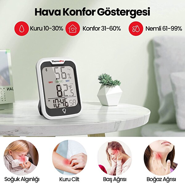 ThermoPro TP358 Telefon Kontrollü Saatli Takvimli İç Mekan Sıcaklık Ve Nem Ölçer Termometre