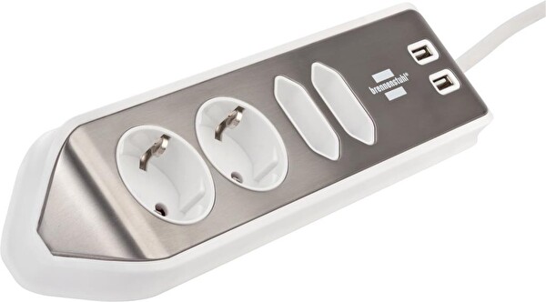 Brennenstuhl Estilo Mutfak ve Ofis İçin Çelik Yüzeyli Köşeli 4 Soketli 2 USB'li 2 M Beyaz Uzatma Kablosu