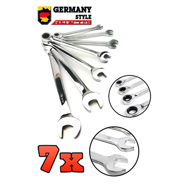 Germany Style 7'li Krom Vanadyum Çelik Profesyonel Cırcırlı Kombine Anahtar Seti
