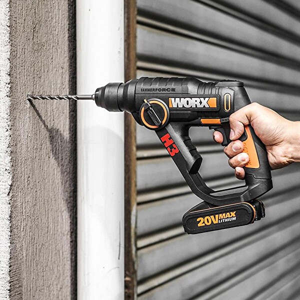 Worx WX390.1 20V 2.0 aH Li-ion 1.2J Profesyonel SDS-Plus Pnömatik Çift Akülü Şarjlı Matkap - 8 Adet Uç - Mandren