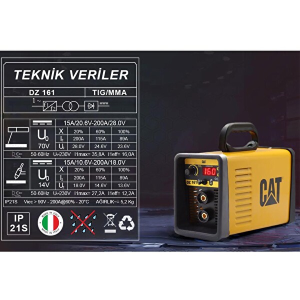 Cat 160 Amper Tig Lift/MMA Çanta Tipi Profesyonel Dijital Inverter Kaynak Makinesi ve Cat Avuç Taşlama DZ161T - DX37