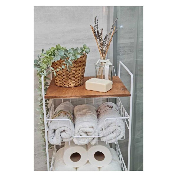 DigitHome Ahşap Metal Çok Amaçlı 3 Katlı Ceviz Raflı Beyaz Banyo Düzenleyici Organizer MRS-001 - HYT C1-1-267