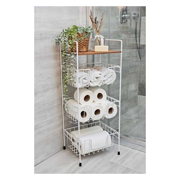 DigitHome Ahşap Metal Çok Amaçlı 3 Katlı Ceviz Raflı Beyaz Banyo Düzenleyici Organizer MRS-001 - HYT C1-1-267