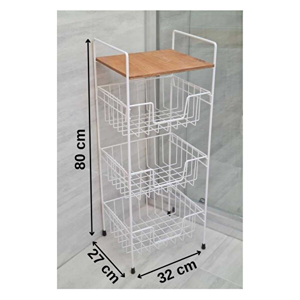 DigitHome Ahşap Metal Çok Amaçlı 3 Katlı Ceviz Raflı Beyaz Banyo Düzenleyici Organizer MRS-001 - HYT C1-1-267
