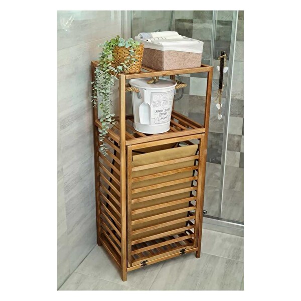 DigitHome Ceviz Rengi Ahşap Kirli Sepetli Banyo Düzenleyici Raf CVZ01 C1-1-140