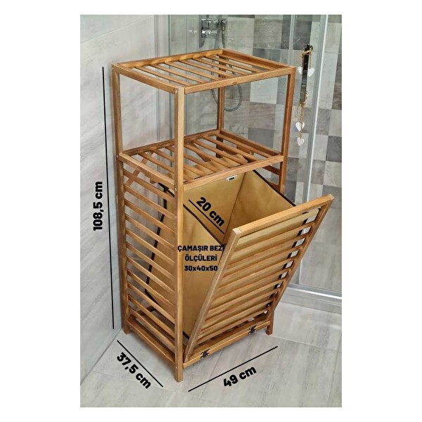 DigitHome Ceviz Rengi Ahşap Kirli Sepetli Banyo Düzenleyici Raf CVZ01 C1-1-140