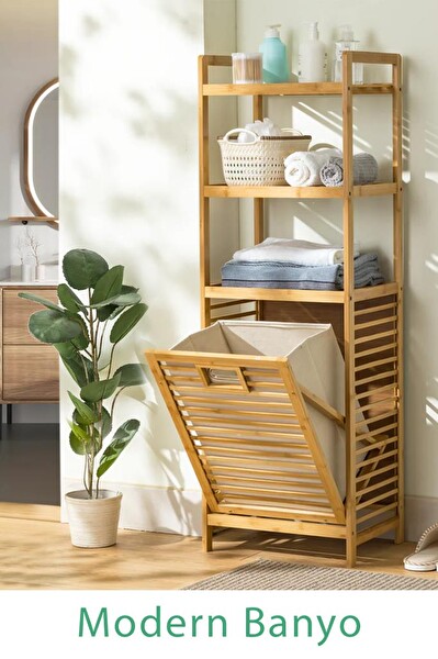 DigitHome Bambu Kirli Sepetli 3 Raflı Çok Amaçlı Banyo Düzenleyici Çamaşır Sepeti Organizer DB-0002