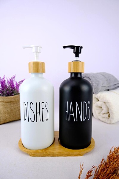DigitHome 2’li Ahşap Standlı Cam Sıvı Sabun ve Bulaşık Deterjanı Şişesi Sabunluk 500 ML - E/6 C1-1-289