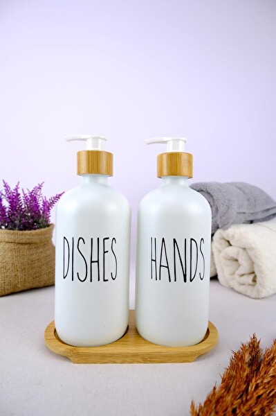 DigitHome 2’li Ahşap Standlı Cam Sıvı Sabun ve Bulaşık Deterjanı Şişesi Sabunluk Beyaz 500 ML - G/13 C1-1-289