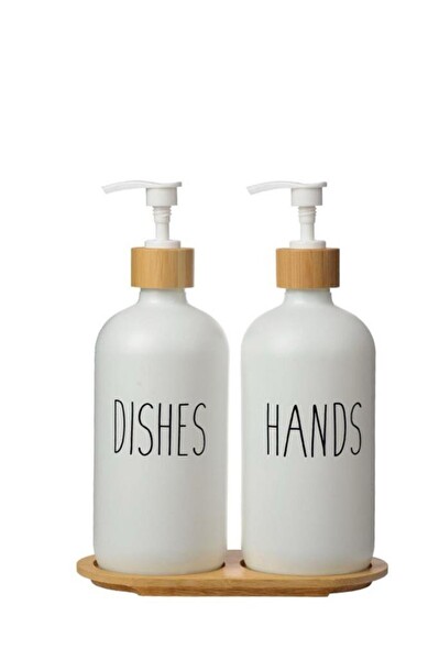 DigitHome 2’li Ahşap Standlı Cam Sıvı Sabun ve Bulaşık Deterjanı Şişesi Sabunluk Beyaz 500 ML - G/13 C1-1-289