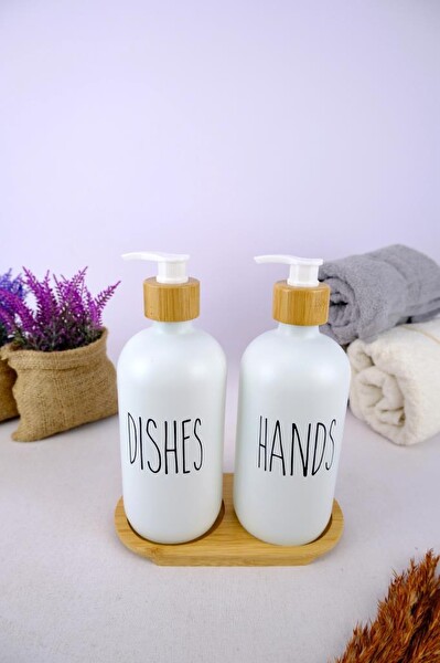 DigitHome 2’li Ahşap Standlı Cam Sıvı Sabun ve Bulaşık Deterjanı Şişesi Sabunluk Beyaz 500 ML - G/13 C1-1-289