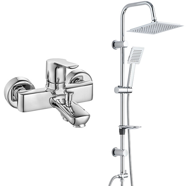 ECA Luna Banyo Bataryası - T-May Banyo Çam Kare Tepe Duş Takımı Seti Paslanmaz Krom