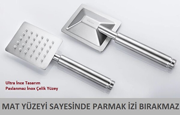 T-May Sart Dikdörtgen El Duş Seti Başlığı Tasarruflu Paslanmaz Mat İnox