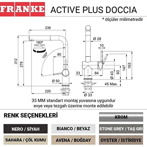 Franke Active Plus Doccia 2.0 Spiralli Armatür Bianco Mutfak Eviye Bataryası