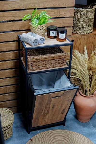 DigitHome Metal Kirli Sepetli 2 Raflı Çok Amaçlı Banyo Düzenleyici Raf Organizer Siyah - MRS-003 C1-1-369
