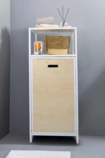 DigitHome Metal Kirli Sepetli 2 Raflı Çok Amaçlı Banyo Düzenleyici Raf Organizer Akçaağaç - MRS-006 C1-1-369