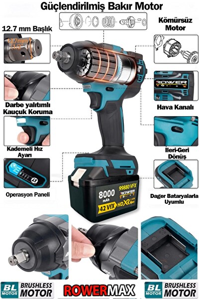 Rowermax 99880VFX 8000 mAH Yüksek Tork Akülü Kömürsüz Somun Sökme Makinesi