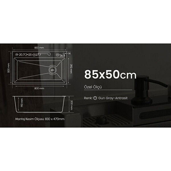 GL General GLPR 8550GUN Maxi Antrasit Akıllı Şelale Eviye 85x50
