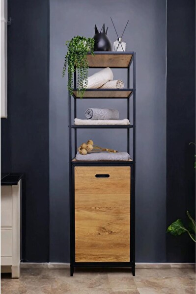 DigitHome Metal Kirli Sepetli 4 Raflı Çok Amaçlı Banyo Düzenleyici Siyah/Atlantik Çam –MRS-009 C1-1-369