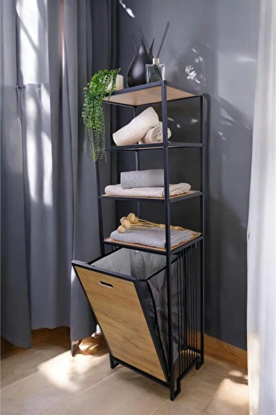 DigitHome Metal Kirli Sepetli 4 Raflı Çok Amaçlı Banyo Düzenleyici Siyah/Atlantik Çam –MRS-009 C1-1-369