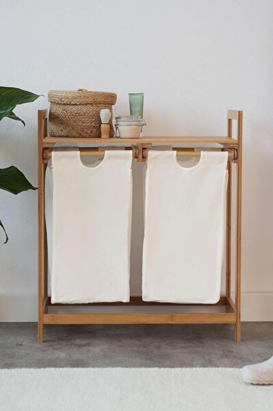 DigitHome Bambu 2 Bölmeli Kirli Sepetli Çamaşır Sepeti Raflı Banyo Düzenleyici DB-0007