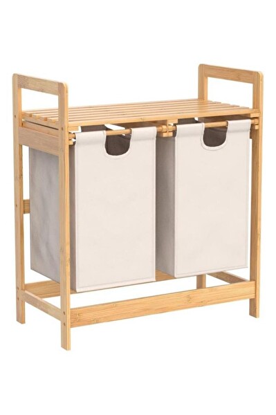 DigitHome Bambu 2 Bölmeli Kirli Sepetli Çamaşır Sepeti Raflı Banyo Düzenleyici DB-0007