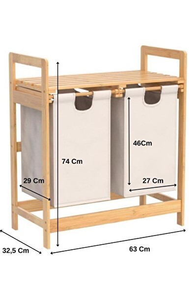 DigitHome Bambu 2 Bölmeli Kirli Sepetli Çamaşır Sepeti Raflı Banyo Düzenleyici DB-0007