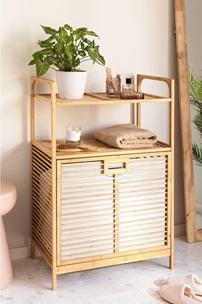 DigitHome Bambu XL Kirli Sepetli 2 Raflı Çok Amaçlı Banyo Düzenleyici Çamaşır Sepeti Organizer DB-0004