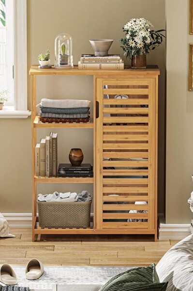 DigitHome Bambu Masif 3 Raflı Tek Kapaklı Çok Amaçlı Düzenleyici Organizer Dolap DB-0005