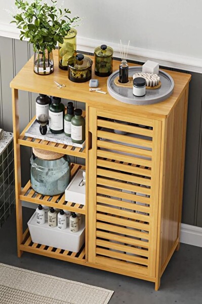 DigitHome Bambu Masif 3 Raflı Tek Kapaklı Çok Amaçlı Düzenleyici Organizer Dolap DB-0005