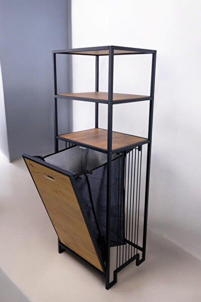 DigitHome Metal Kirli Sepetli 3 Raflı Çok Amaçlı Banyo Düzenleyici Organizer Siyah/Atlantik Çam – MRS-008 C1-1-369