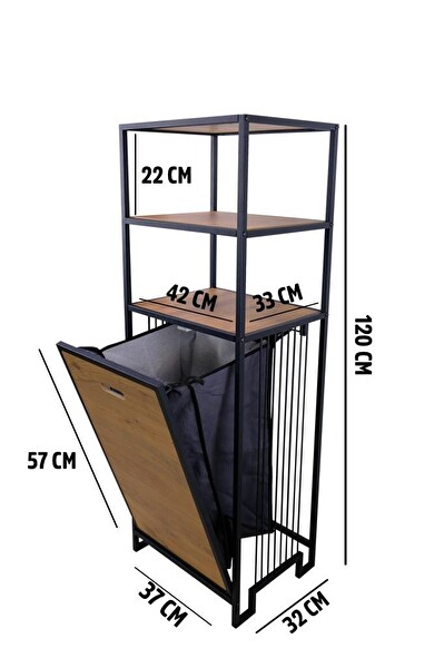 DigitHome Metal Kirli Sepetli 3 Raflı Çok Amaçlı Banyo Düzenleyici Organizer Siyah/Atlantik Çam – MRS-008 C1-1-369