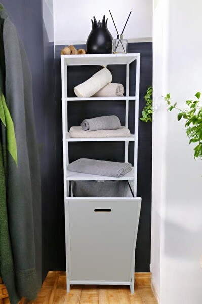 DigitHome Metal Kirli Sepetli 4 Raflı Çok Amaçlı Banyo Düzenleyici Raf Organizer Beyaz/Beyaz – MRS-015 C1-1-369