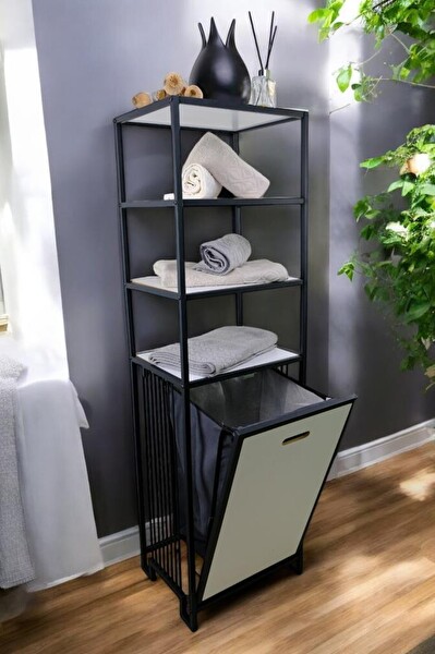 DigitHome Metal Kirli Sepetli 4 Raflı Çok Amaçlı Banyo Düzenleyici Raf Organizer Siyah/Beyaz – MRS-014 C1-1-369