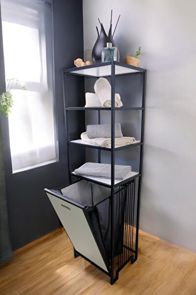 DigitHome Metal Kirli Sepetli 4 Raflı Çok Amaçlı Banyo Düzenleyici Raf Organizer Siyah/Beyaz – MRS-014 C1-1-369