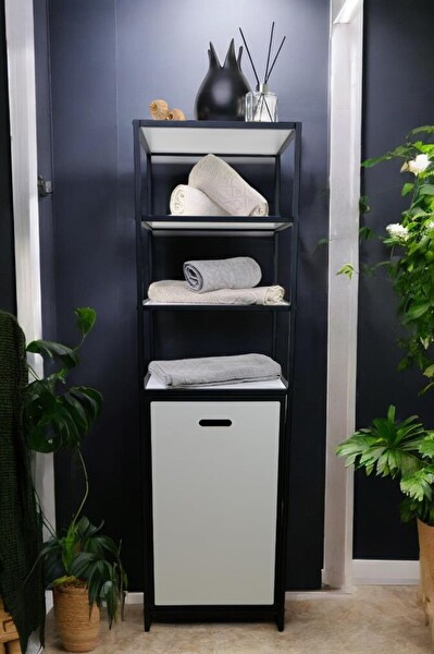 DigitHome Metal Kirli Sepetli 4 Raflı Çok Amaçlı Banyo Düzenleyici Raf Organizer Siyah/Beyaz – MRS-014 C1-1-369