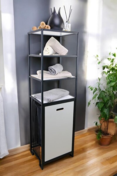 DigitHome Metal Kirli Sepetli 4 Raflı Çok Amaçlı Banyo Düzenleyici Raf Organizer Siyah/Beyaz – MRS-014 C1-1-369