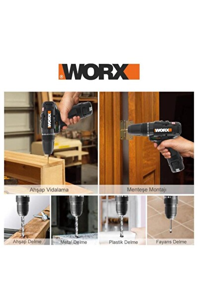 Worx WX121 12 Volt 2.0 Ah Li-ion Çift Akülü Kömürsüz Profesyonel Şarjlı Darbeli Matkap ve 5 Parça Aksesuar
